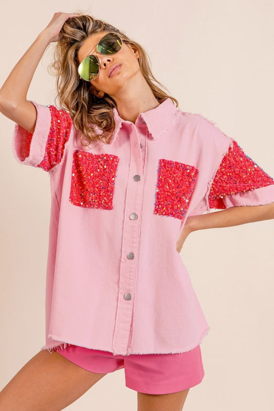 BiBi Sequin Detail Raw Hem Short Sleeve Shirt - Top - Pink/Fuchsia - Bella Bourget