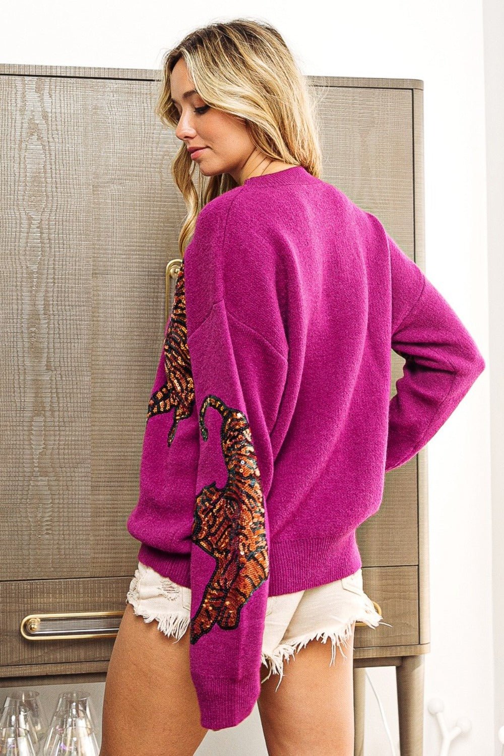 BiBi Sequin Tiger Embroidery Sweater - Sweater - Plum/Mustard - Bella Bourget