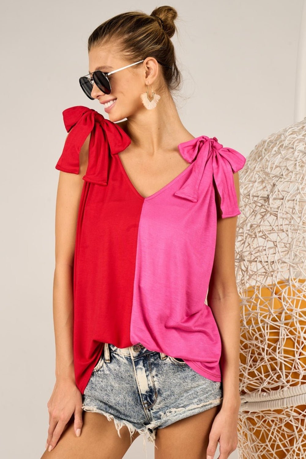 BiBi Shoulder Ribbon Tied Contrast Tank - Top - Red/Fuchsia - Bella Bourget