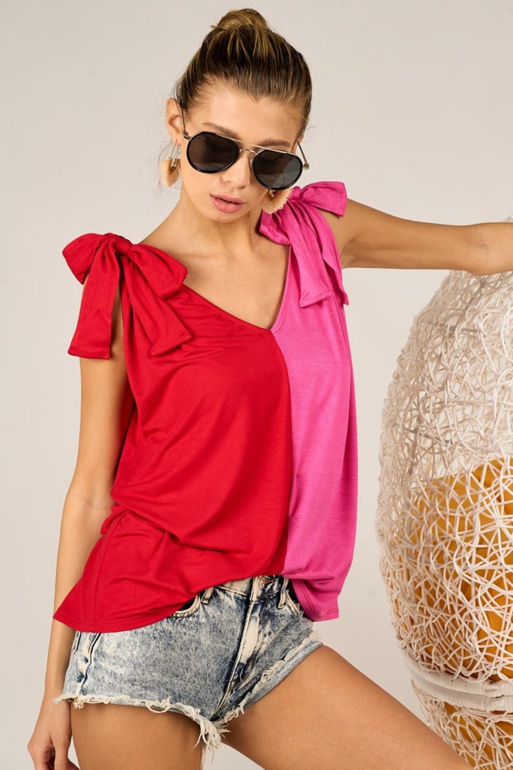 BiBi Shoulder Ribbon Tied Contrast Tank - Top - Red/Fuchsia - Bella Bourget