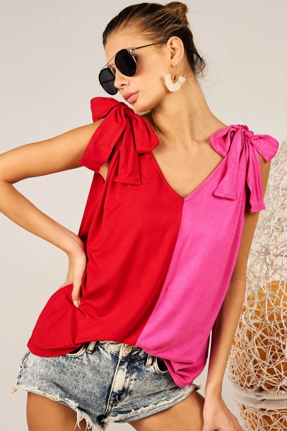 BiBi Shoulder Ribbon Tied Contrast Tank - Top - Red/Fuchsia - Bella Bourget