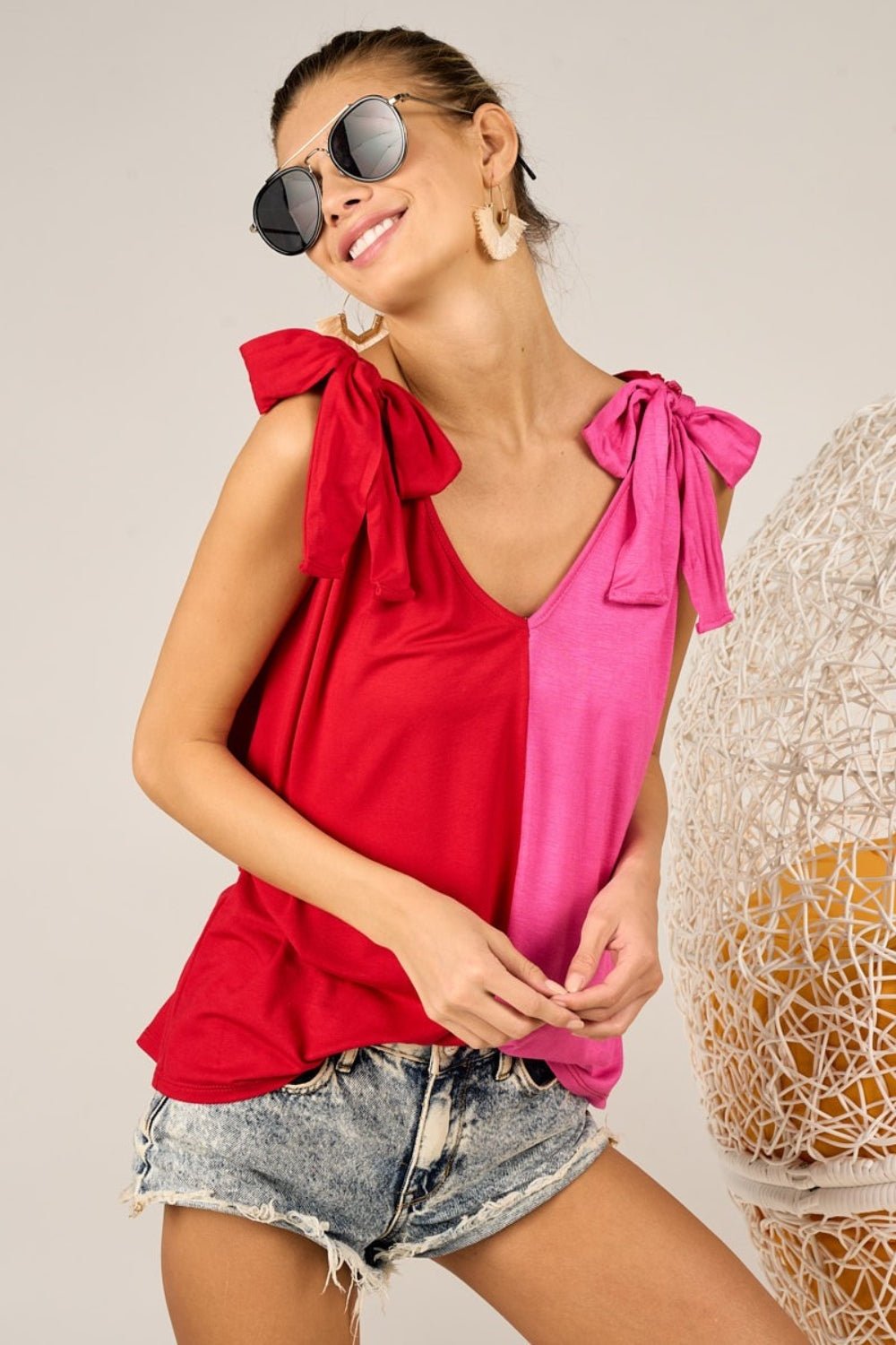 BiBi Shoulder Ribbon Tied Contrast Tank - Top - Red/Fuchsia - Bella Bourget