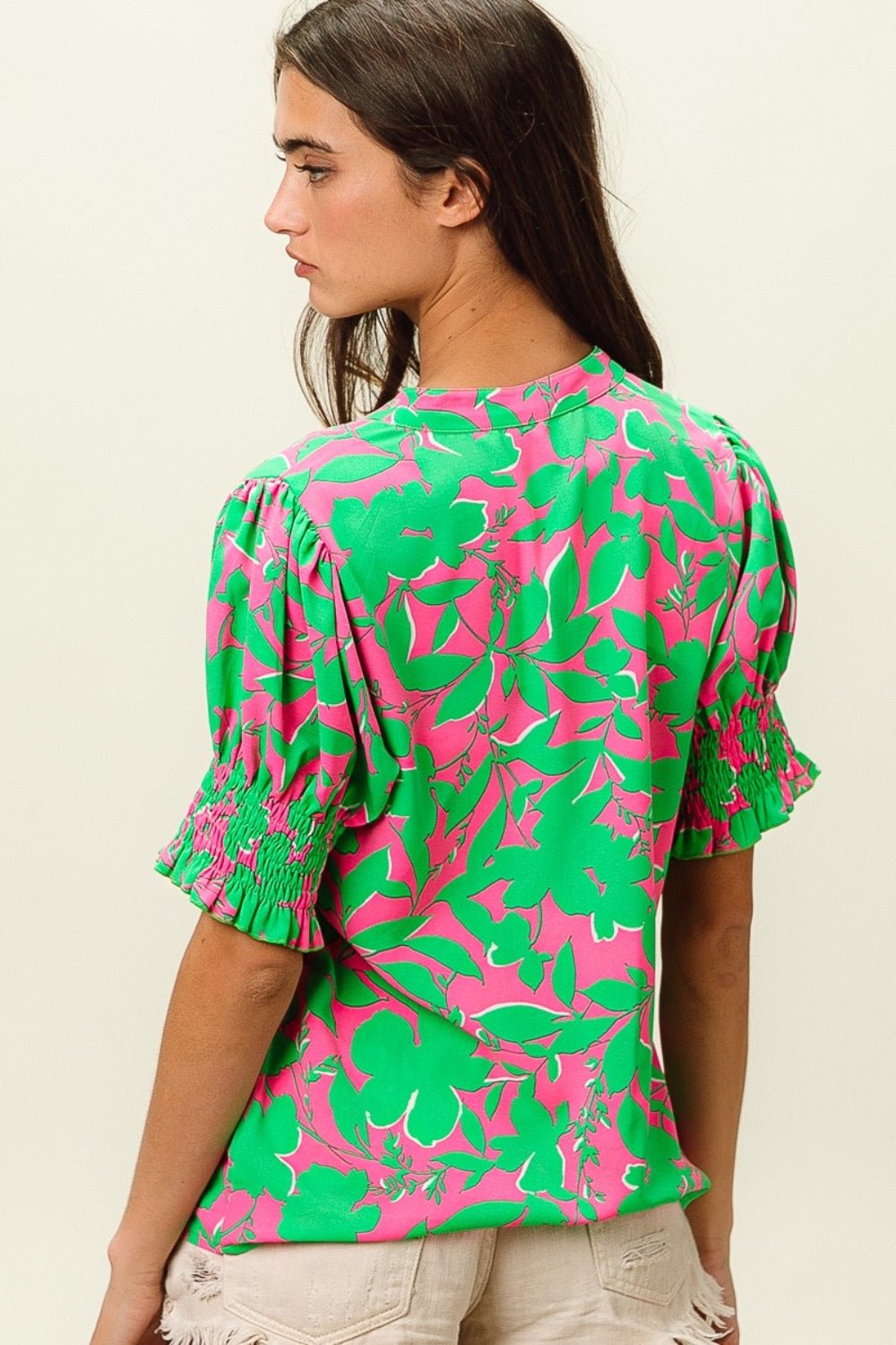 BiBi Smocked Cuff Floral Contrast Top - Top - Jade/Fuchsia - Bella Bourget