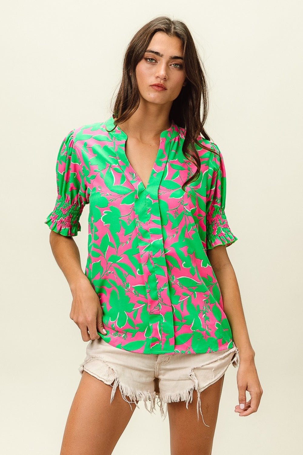 BiBi Smocked Cuff Floral Contrast Top - Top - Jade/Fuchsia - Bella Bourget