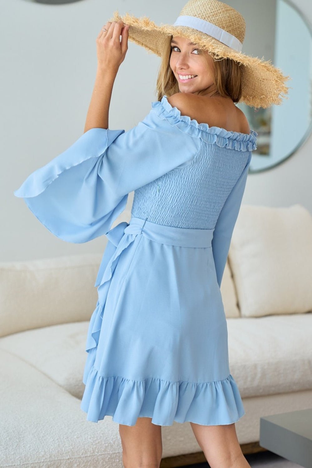 BiBi Smocked Ruffled Front Tie Mini Dress - Dress - Ice Blue - Bella Bourget