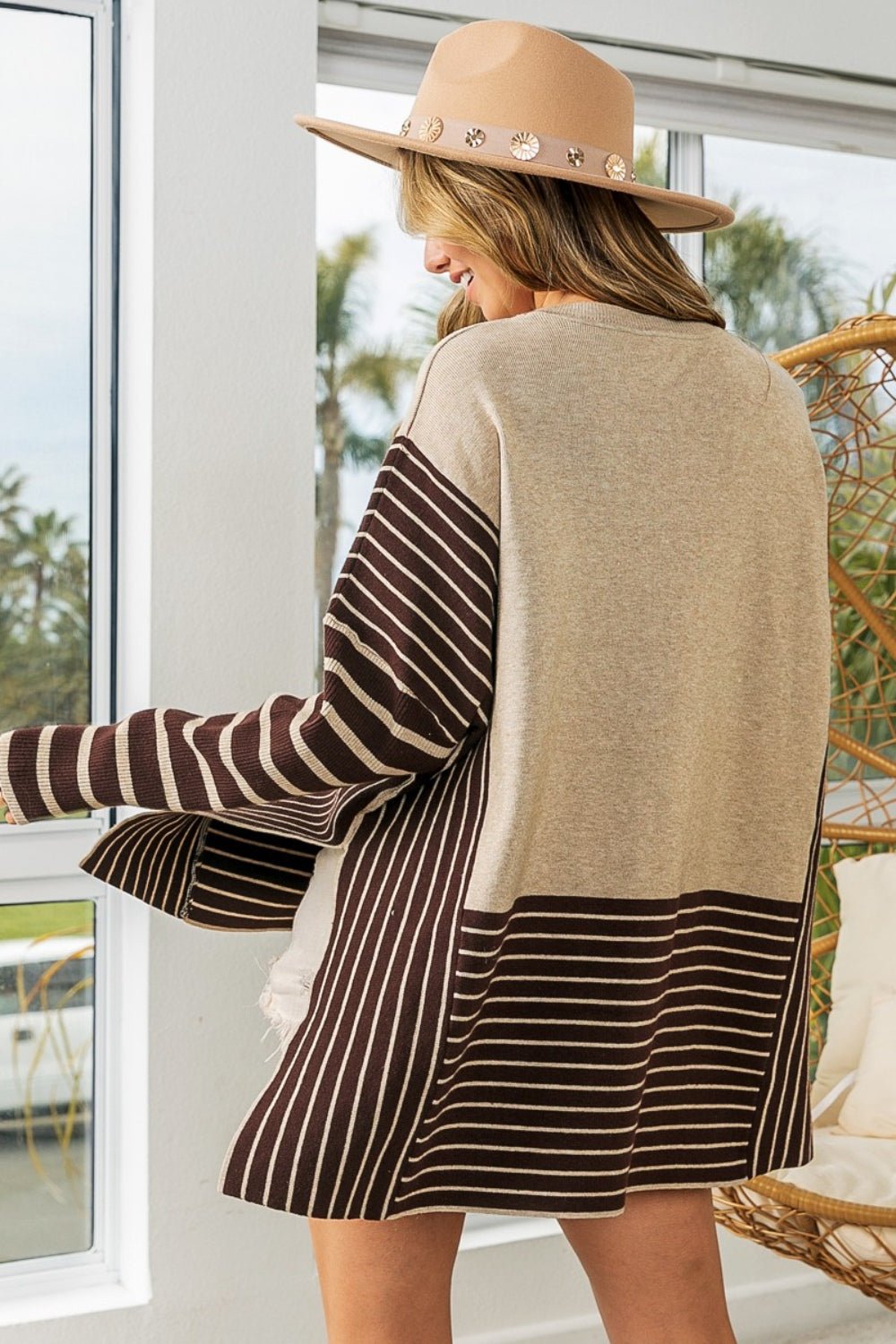 BiBi Striped Contrast Long Sleeve Slit Top - Top - OATMEAL/MOCHA - Bella Bourget