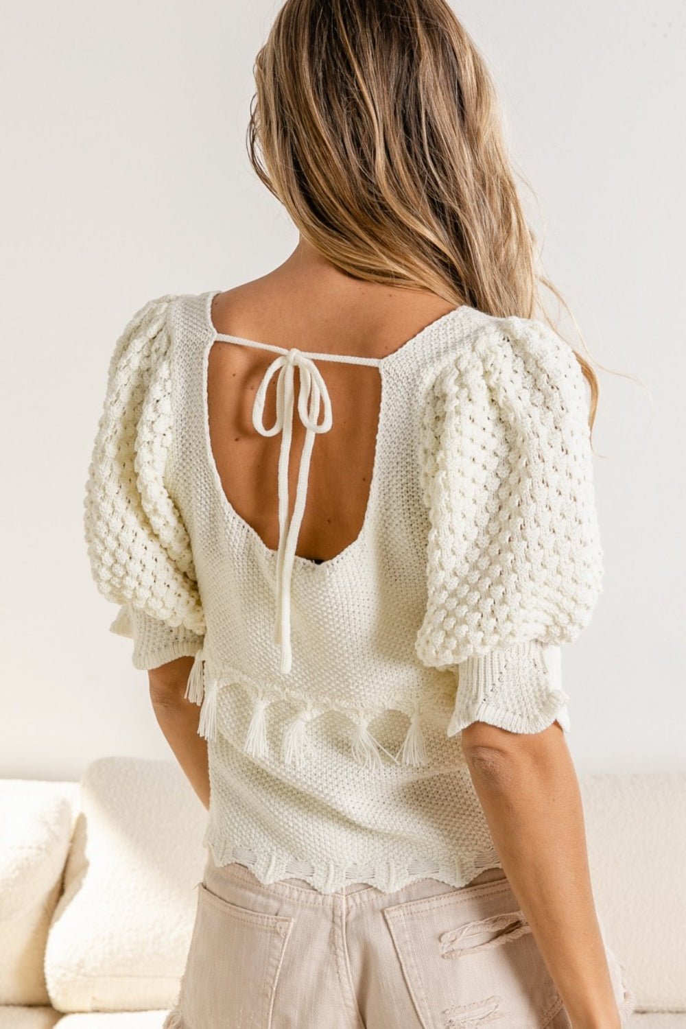 BiBi Tassel Detail Textured Square Neck Sweater - Sweater - Ivory - Bella Bourget