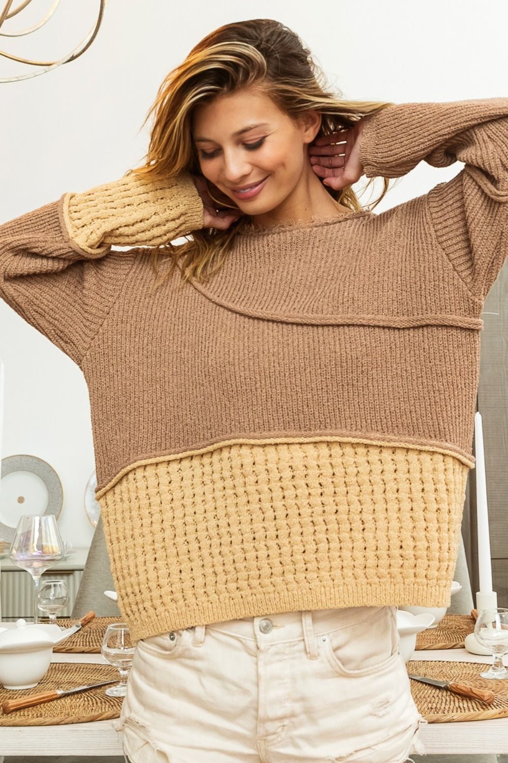 BiBi Texture Detail Contrast Drop Shoulder Sweater - Sweater - MOCHA BROWN COMBO - Bella Bourget