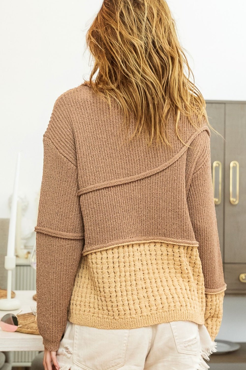 BiBi Texture Detail Contrast Drop Shoulder Sweater - Sweater - MOCHA BROWN COMBO - Bella Bourget