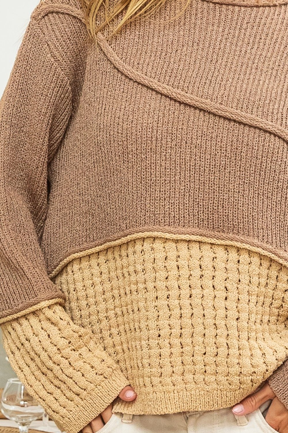 BiBi Texture Detail Contrast Drop Shoulder Sweater - Sweater - MOCHA BROWN COMBO - Bella Bourget