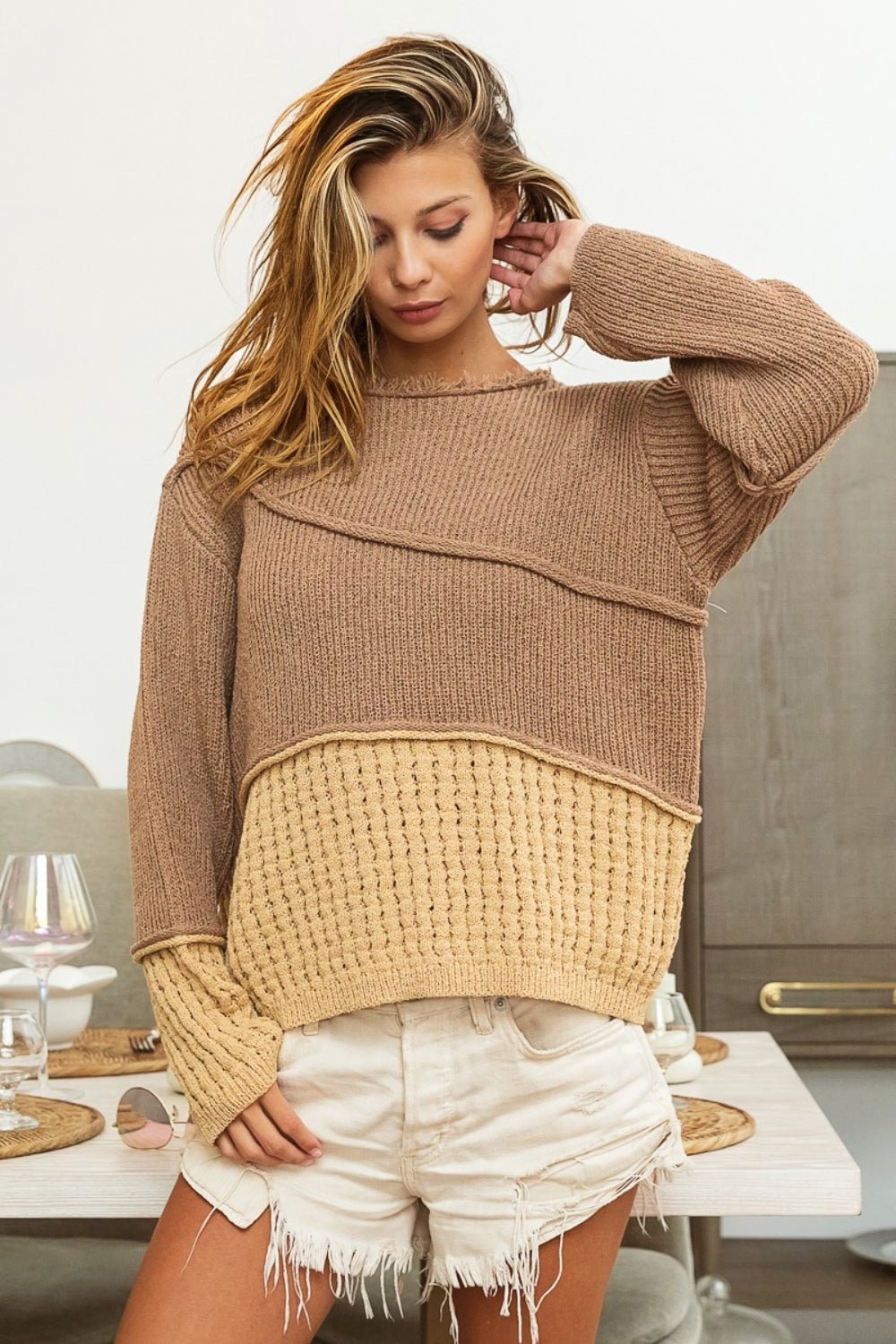 BiBi Texture Detail Contrast Drop Shoulder Sweater - Sweater - MOCHA BROWN COMBO - Bella Bourget