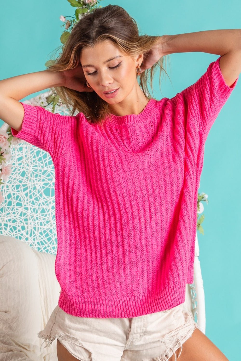 BiBi Texture Round Neck Short Sleeve Knit Top - Top - Fuchsia - Bella Bourget