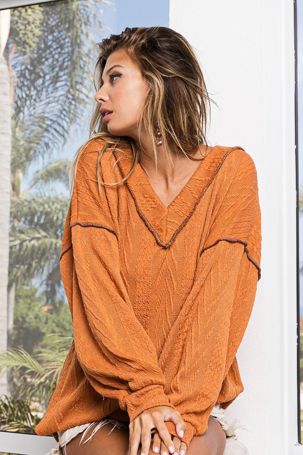 BiBi Textured Exposed Seam Drop Shoulder Knit Top - Top - Rust - Bella Bourget