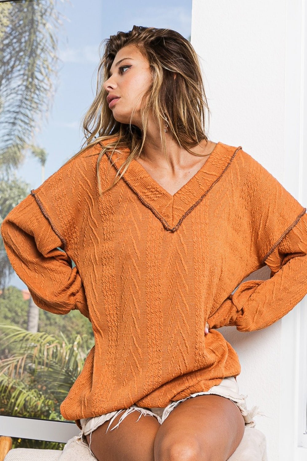 BiBi Textured Exposed Seam Drop Shoulder Knit Top - Top - Rust - Bella Bourget