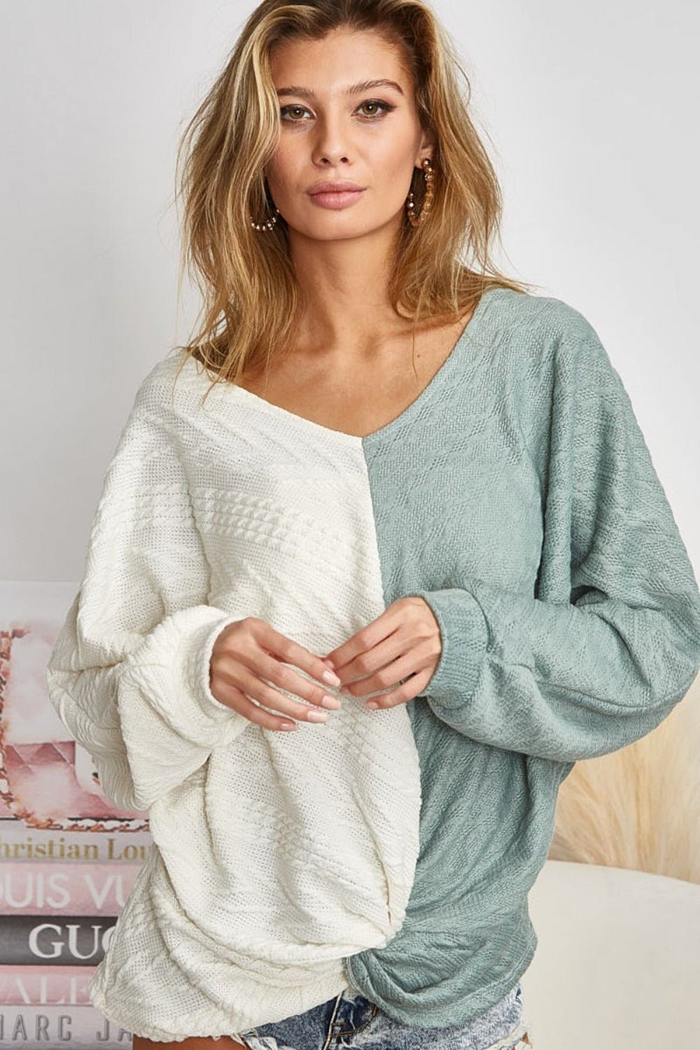 BiBi Twist Front Contrast Cable Knit Top - Top - Ivory/Sage - Bella Bourget