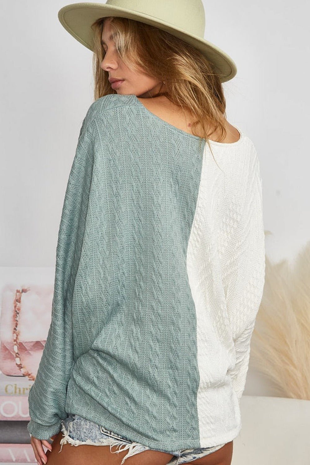 BiBi Twist Front Contrast Cable Knit Top - Top - Ivory/Sage - Bella Bourget