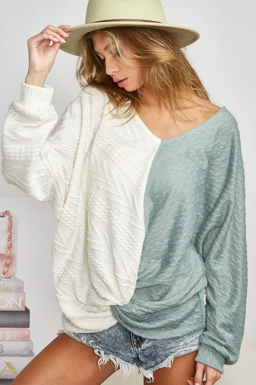 BiBi Twist Front Contrast Cable Knit Top - Top - Ivory/Sage - Bella Bourget