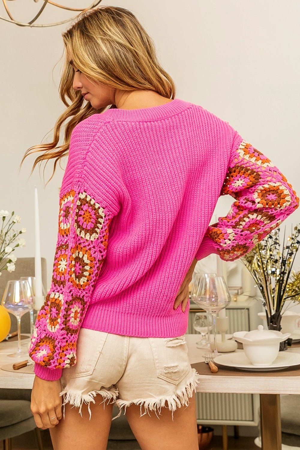 BiBi V - Neck Crochet Long Sleeve Sweater - Sweater - FUCHSIA - Bella Bourget