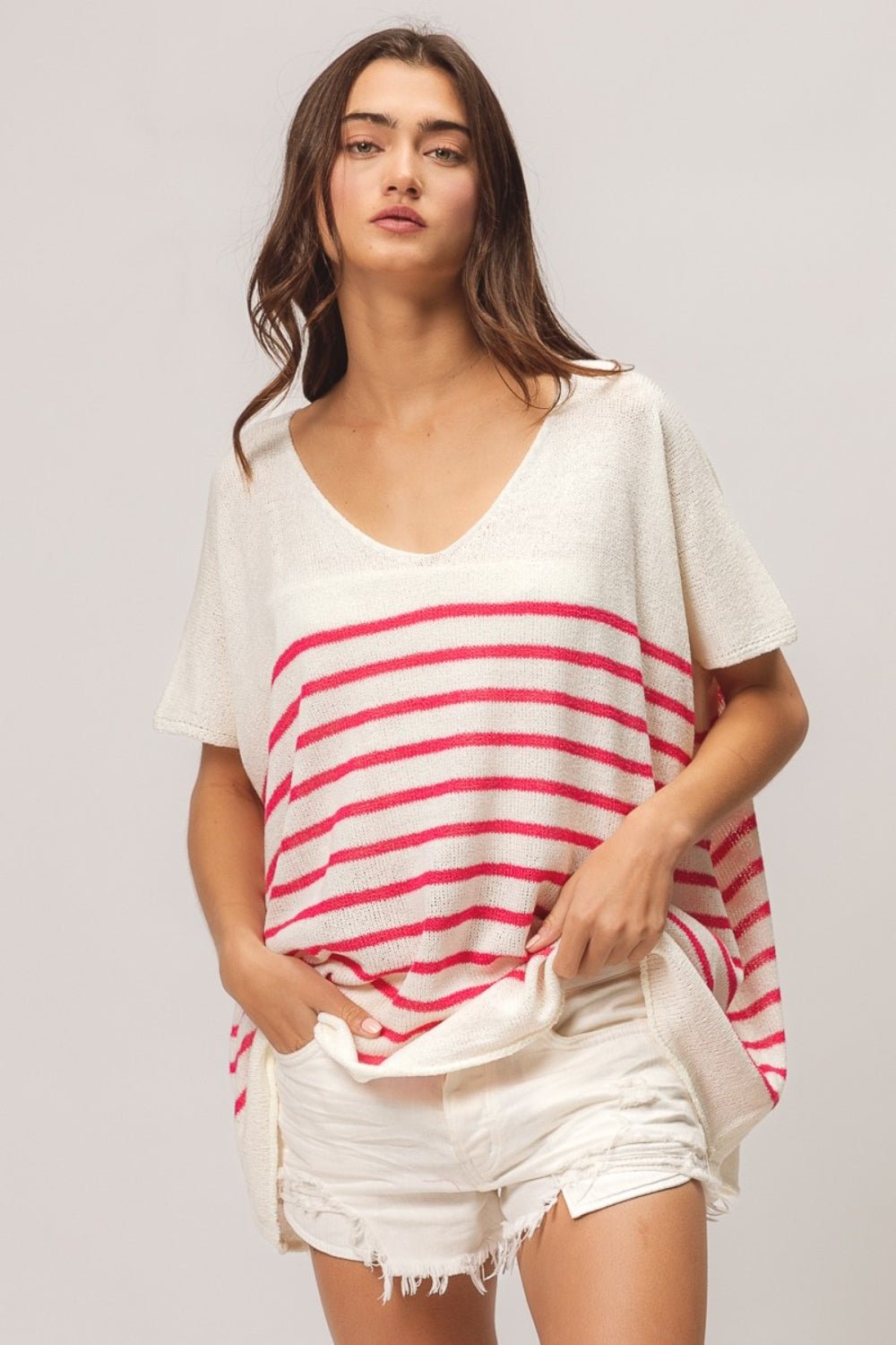 BiBi V Neck Striped Short Sleeve Top - Top - Fuchsia - Bella Bourget