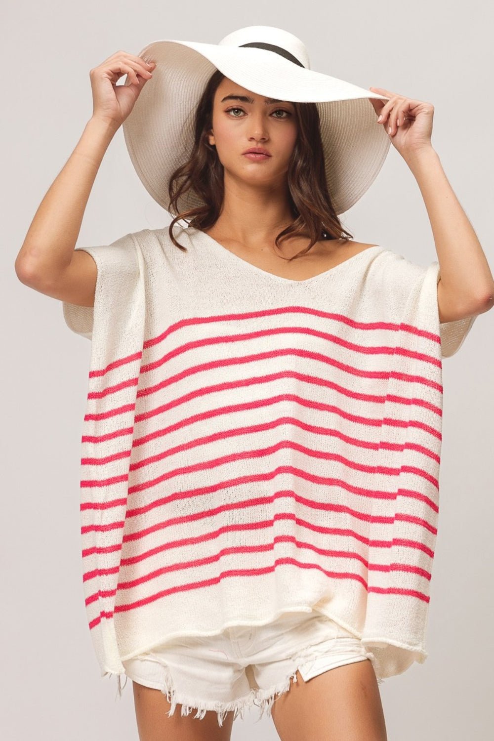 BiBi V Neck Striped Short Sleeve Top - Top - Fuchsia - Bella Bourget