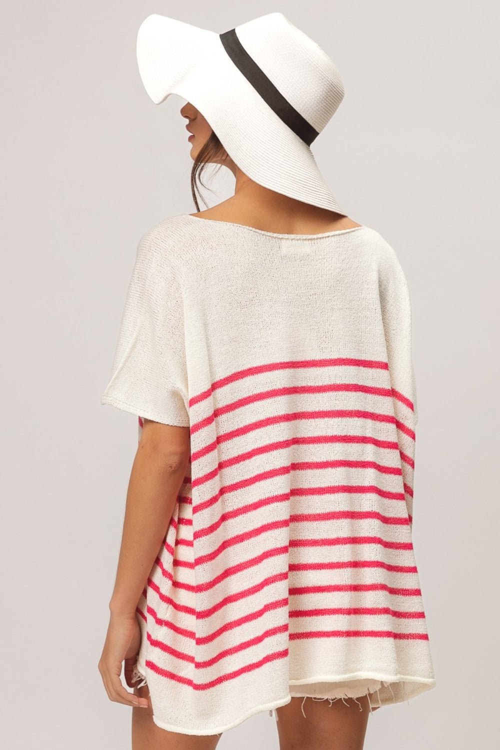 BiBi V Neck Striped Short Sleeve Top - Top - Fuchsia - Bella Bourget