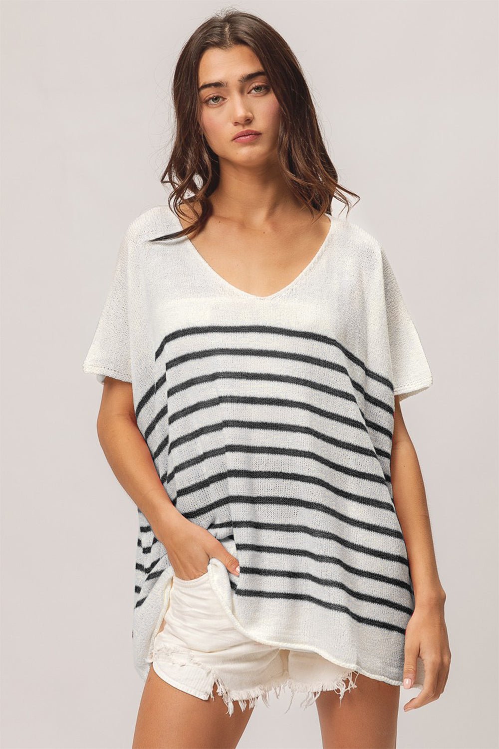 BiBi V Neck Striped Short Sleeve Top - Top - Black - Bella Bourget