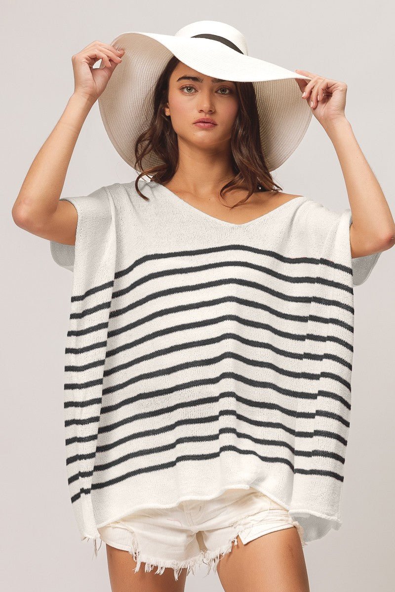 BiBi V Neck Striped Short Sleeve Top - Top - Black - Bella Bourget