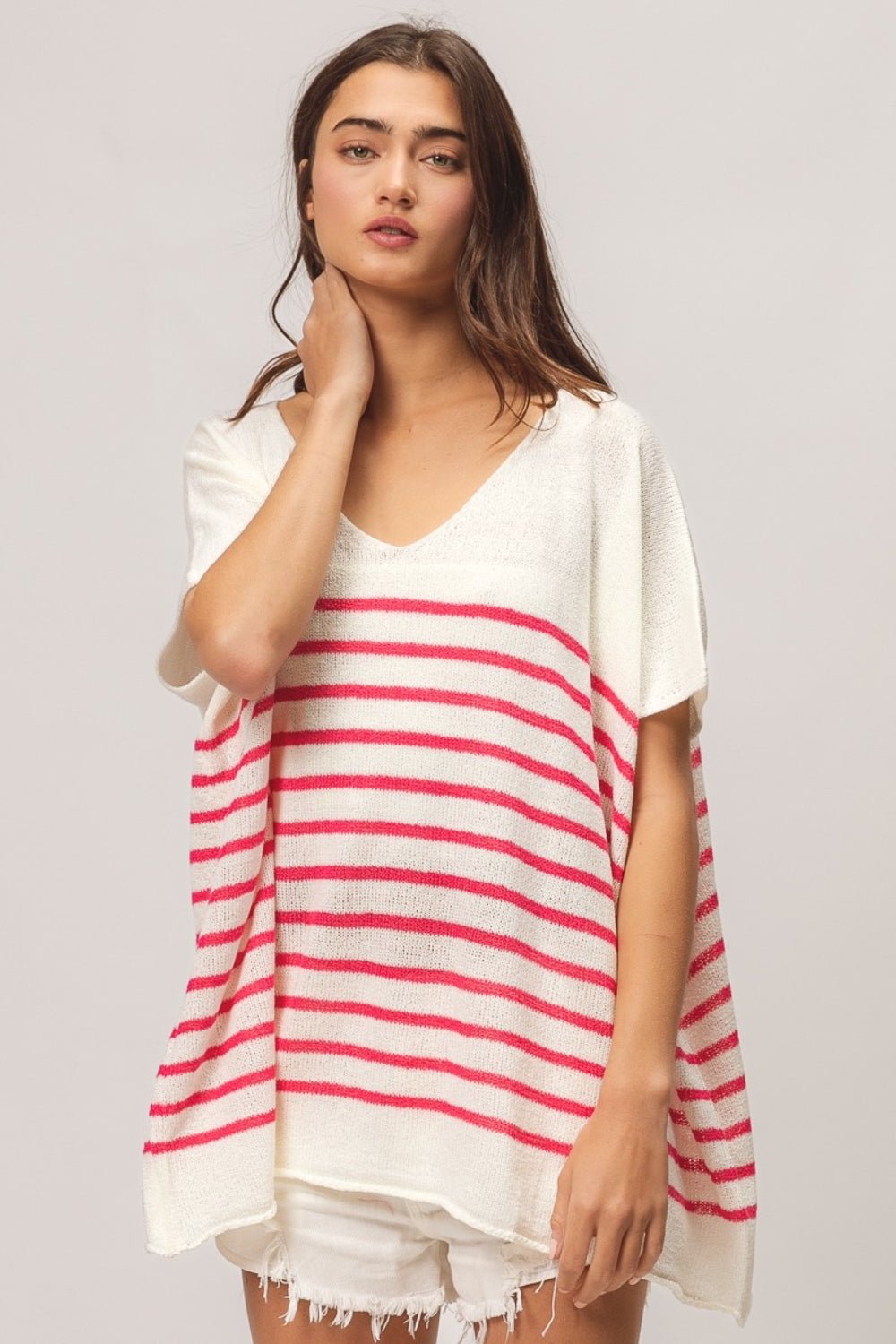 BiBi V Neck Striped Short Sleeve Top - Top - Fuchsia - Bella Bourget