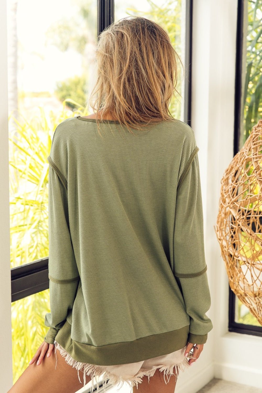 BiBi Waffle Knit Contrast Trim Long Sleeve T - Shirt - Top - OLIVE - Bella Bourget