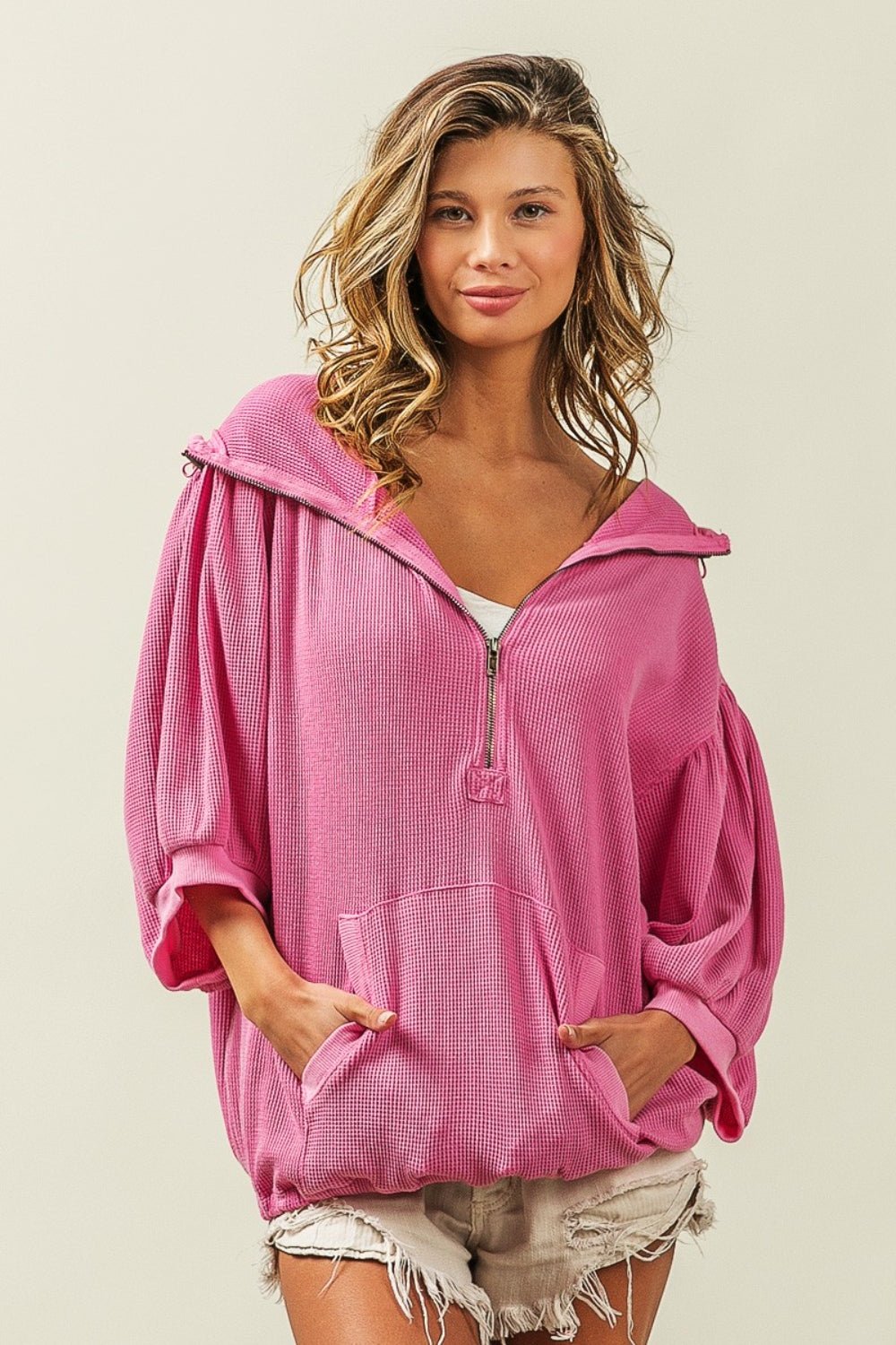 BiBi Waffle - Knit Half Zip Hooded Top - Hoodie - Fuchsia - Bella Bourget