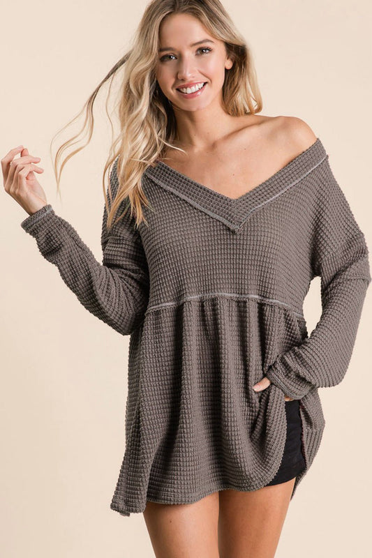 BiBi Waffle Knit V - Neck Babydoll Blouse - Top - MOCHA - Bella Bourget