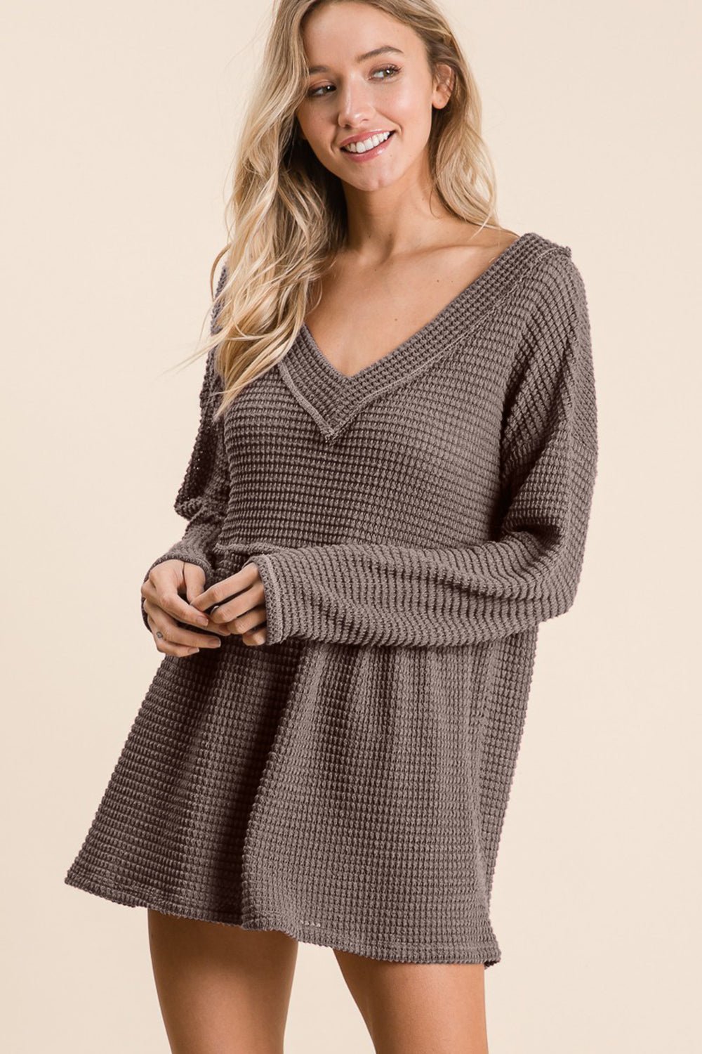 BiBi Waffle Knit V - Neck Babydoll Blouse - Top - MOCHA - Bella Bourget