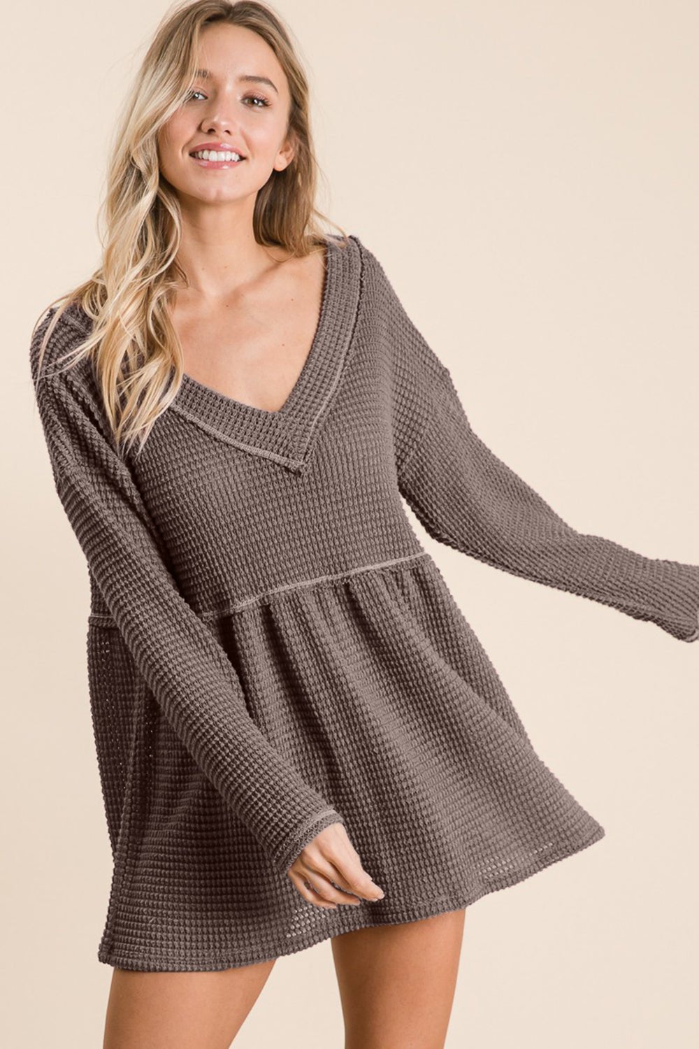 BiBi Waffle Knit V - Neck Babydoll Blouse - Top - MOCHA - Bella Bourget