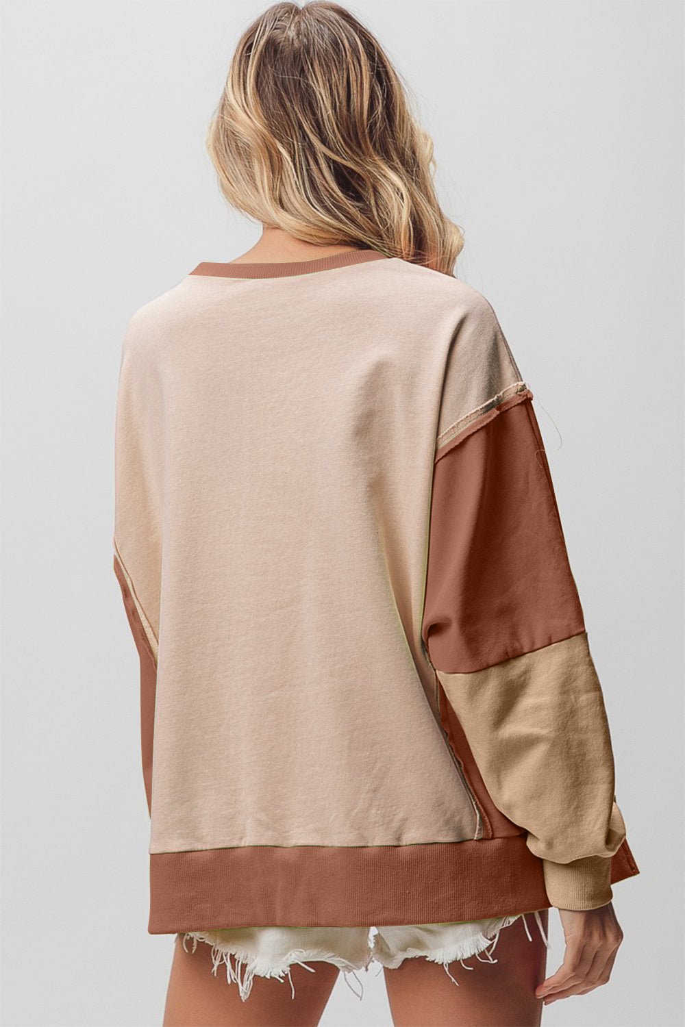 BiBi Washed Color Block Sweatshirt - Top - Taupe/Mocha/Oatmeal - Bella Bourget