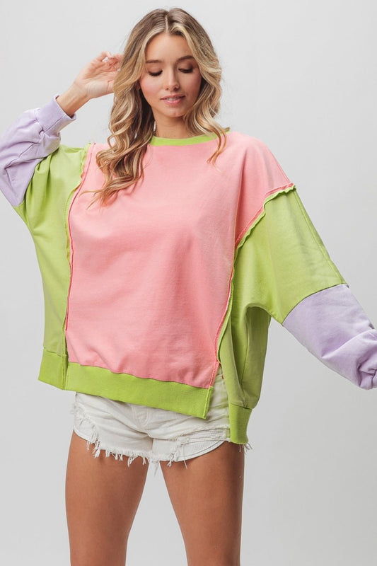 BiBi Washed Color Block Sweatshirt - Top - Pink/Lime/Lavender - Bella Bourget