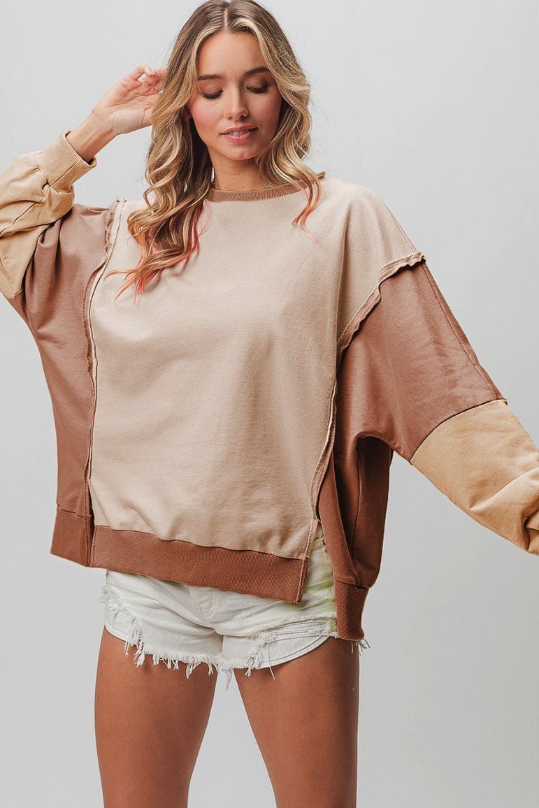 BiBi Washed Color Block Sweatshirt - Top - Taupe/Mocha/Oatmeal - Bella Bourget