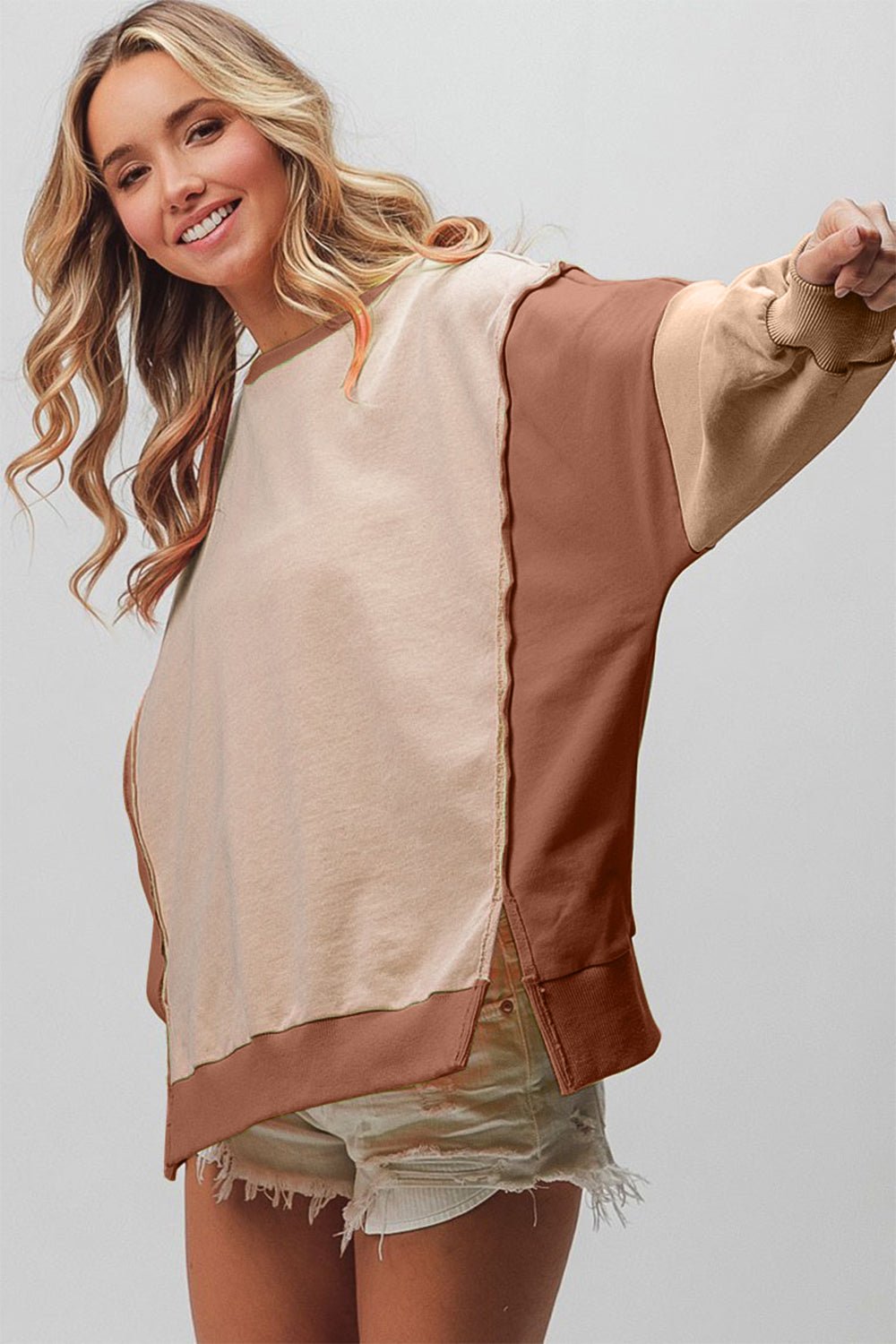 BiBi Washed Color Block Sweatshirt - Top - Taupe/Mocha/Oatmeal - Bella Bourget