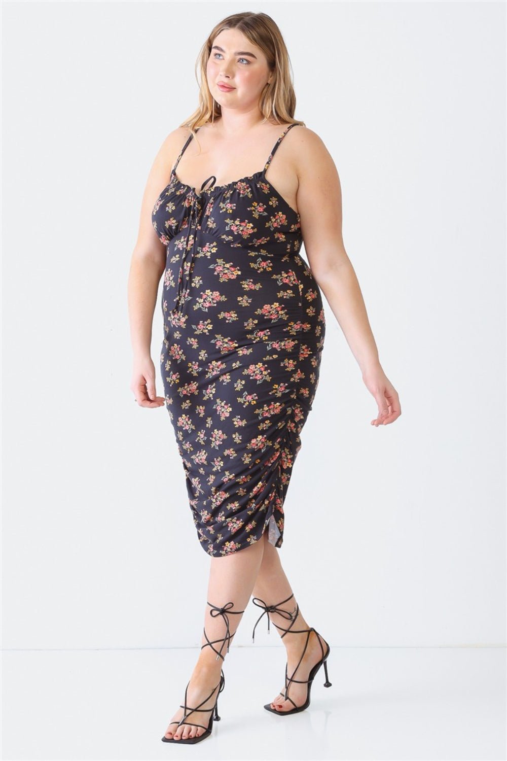 Blue Leopard Plus Size Ruched Floral Square Neck Cami Dress - Day Dress - Black - Bella Bourget