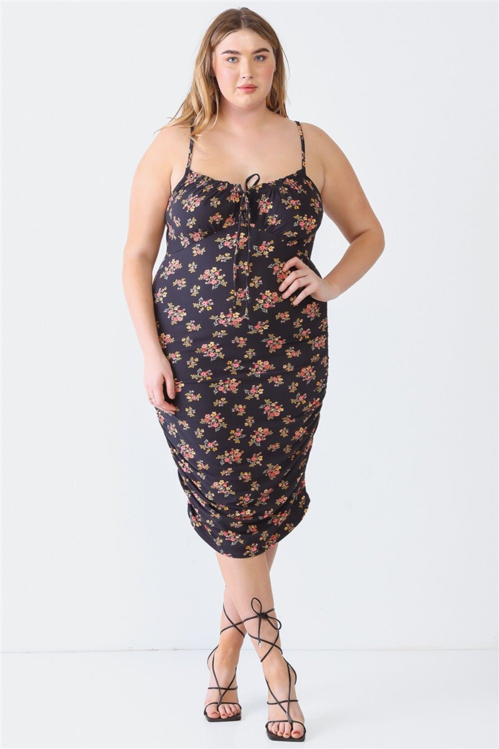 Blue Leopard Plus Size Ruched Floral Square Neck Cami Dress - Day Dress - Black - Bella Bourget