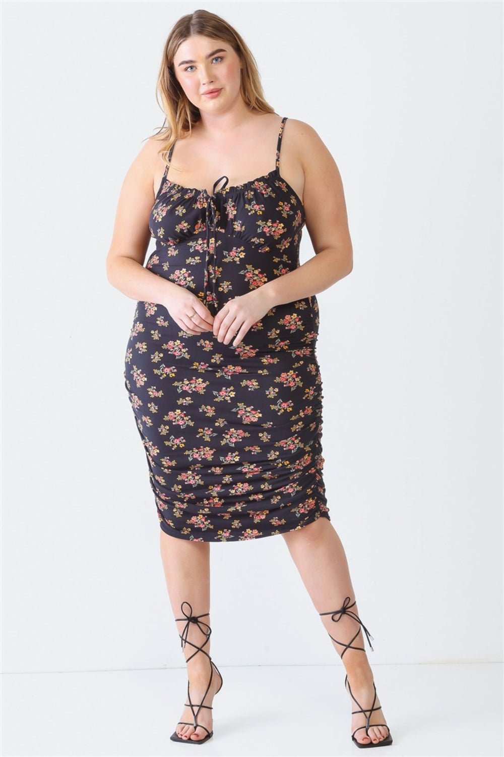 Blue Leopard Plus Size Ruched Floral Square Neck Cami Dress - Day Dress - Black - Bella Bourget