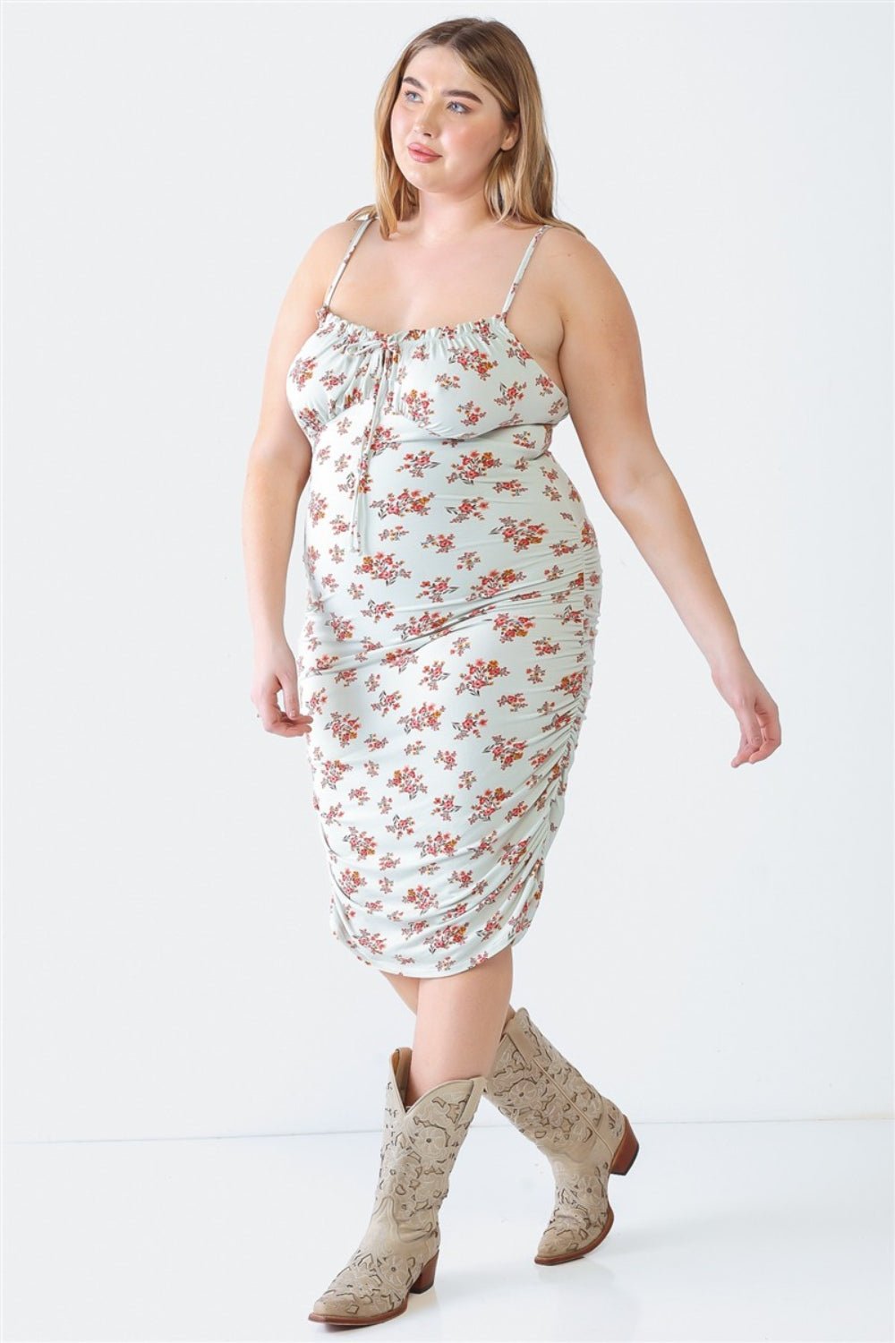 Blue Leopard Plus Size Ruched Floral Square Neck Cami Dress - Day Dress - Sage - Bella Bourget