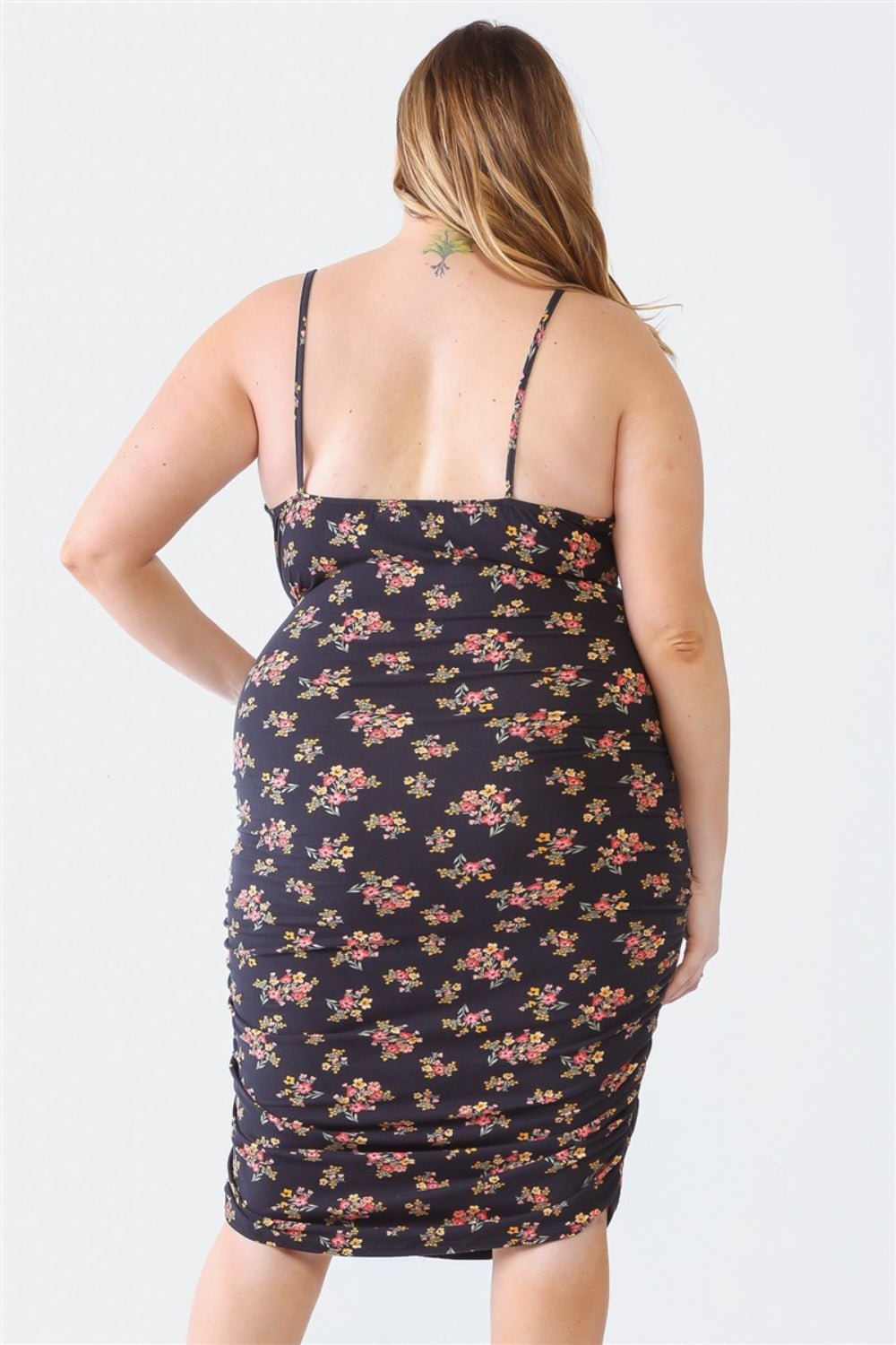 Blue Leopard Plus Size Ruched Floral Square Neck Cami Dress - Day Dress - Black - Bella Bourget