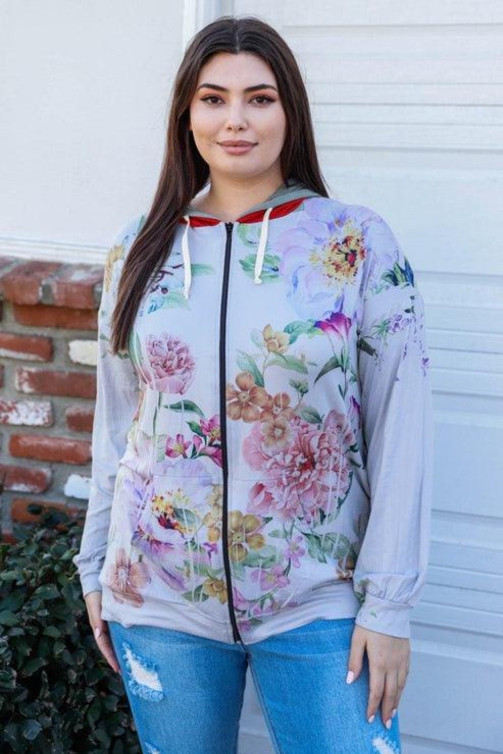 Blumin Apparel Full Size Floral Zip Up Hoodie - Hoodie - Pink Floral - Bella Bourget