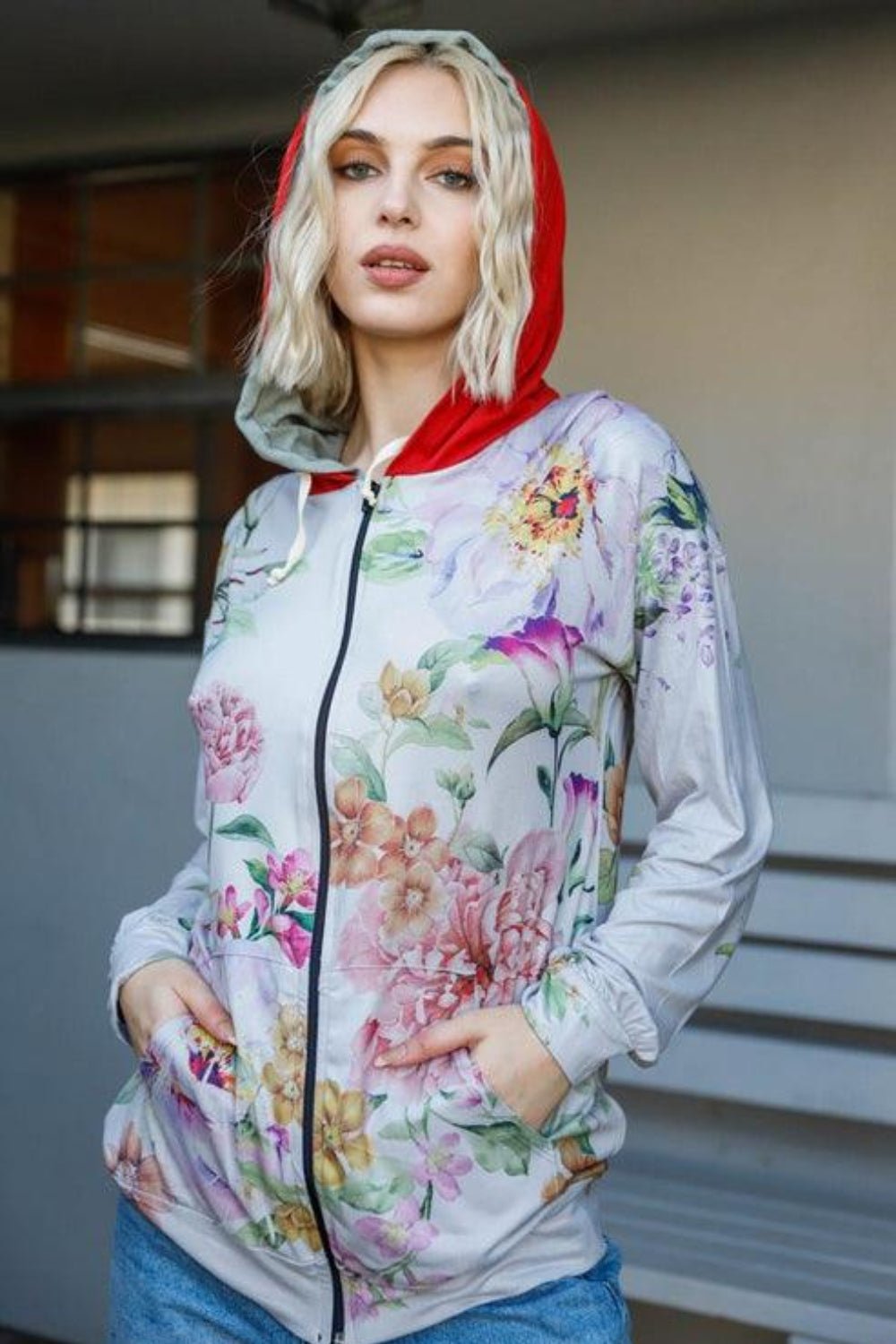 Blumin Apparel Full Size Floral Zip Up Hoodie - Hoodie - Pink Floral - Bella Bourget