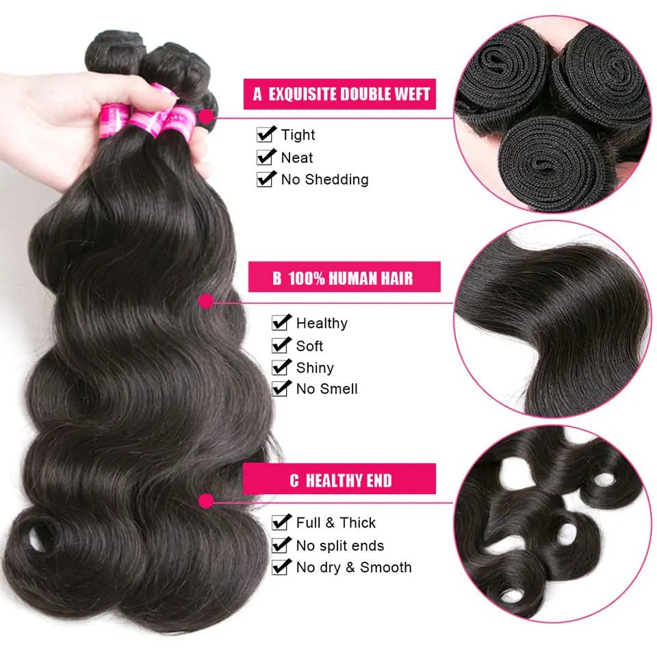 Body Wave Brazilian Hair Weave Extensions Bundles 1/3/4 Bundle - Jet Black - Bella Bourget