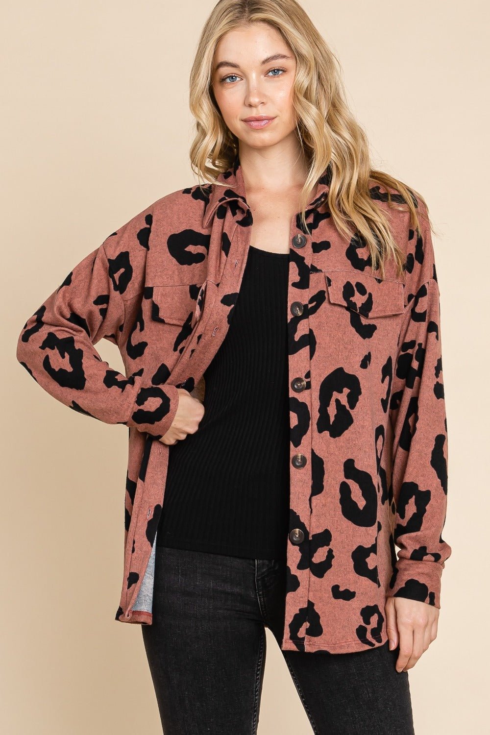 BOMBOM Animal Print Button Up Knit Shacket - Shacket - Brick - Bella Bourget