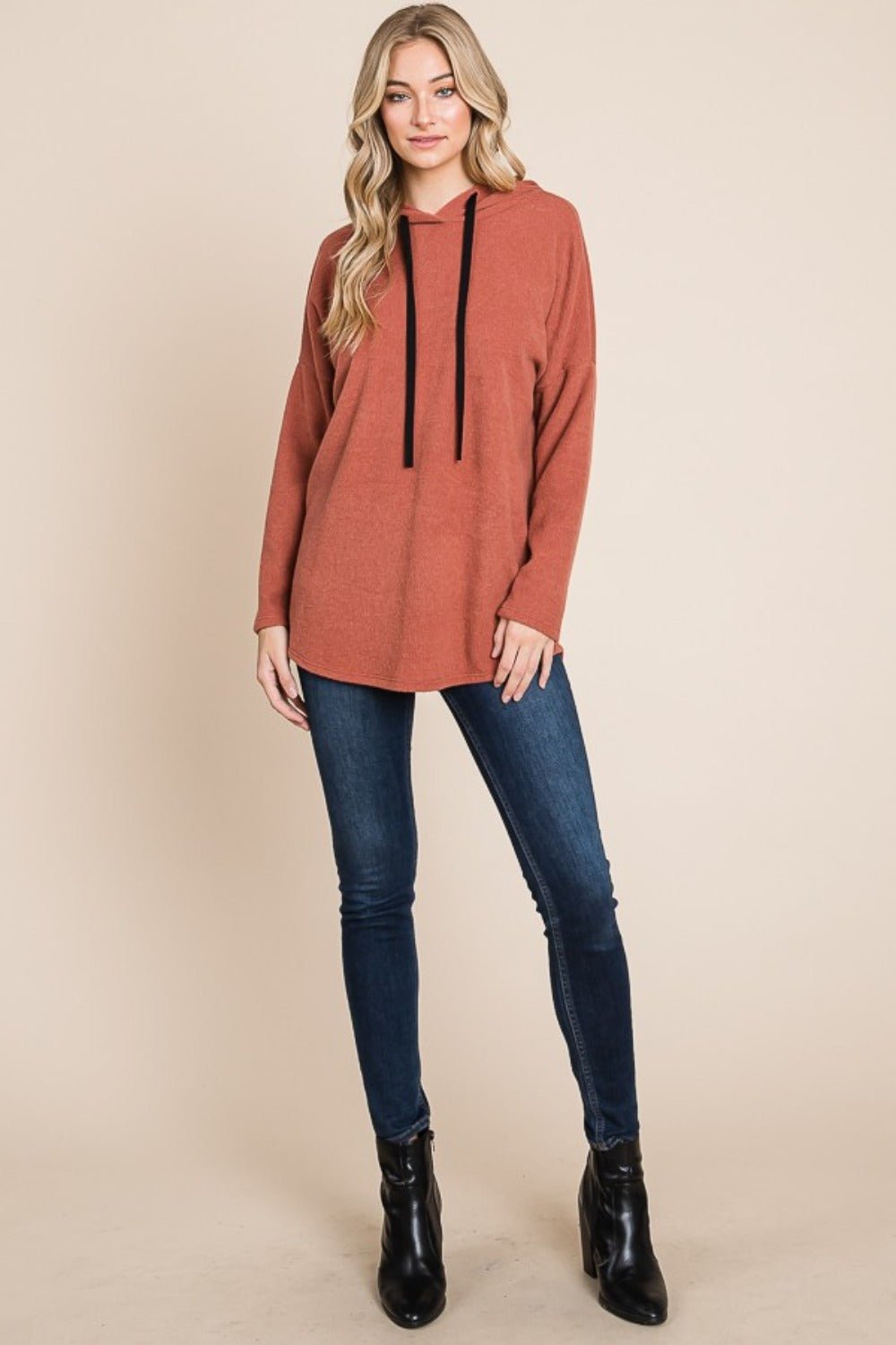 BOMBOM Contrast Drawstring Drop Shoulder Knit Hoodie - Hoodie - Brick - Bella Bourget