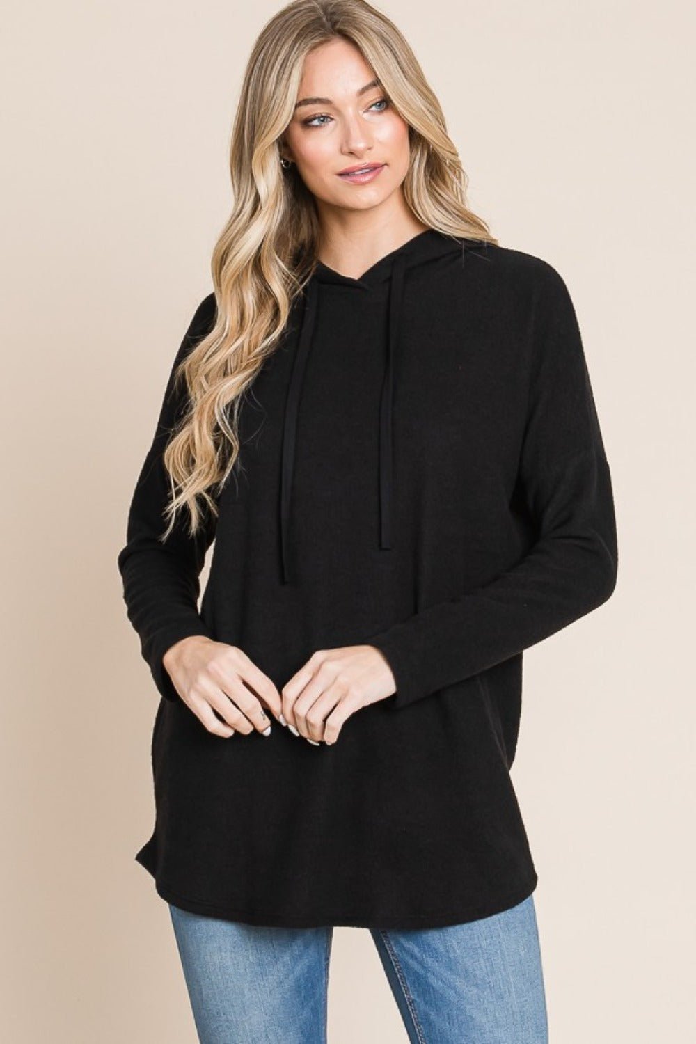 BOMBOM Contrast Drawstring Drop Shoulder Knit Hoodie - Hoodie - Black - Bella Bourget