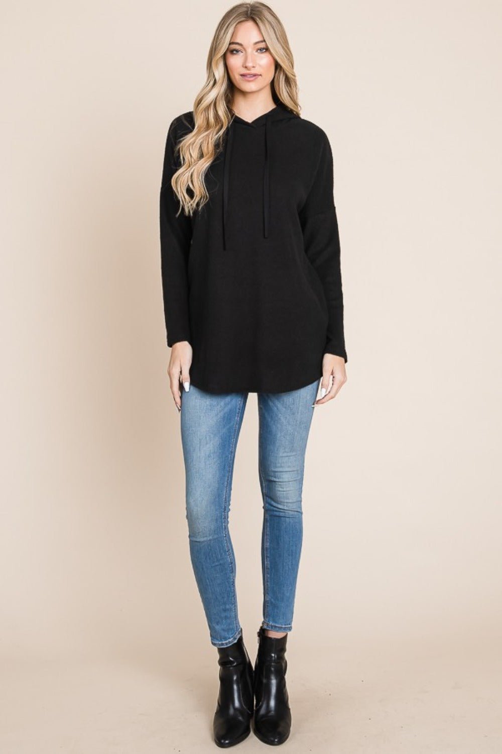 BOMBOM Contrast Drawstring Drop Shoulder Knit Hoodie - Hoodie - Black - Bella Bourget