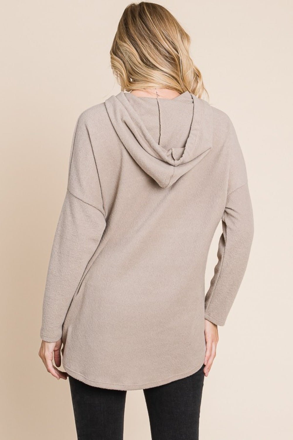 BOMBOM Contrast Drawstring Drop Shoulder Knit Hoodie - Hoodie - Taupe - Bella Bourget